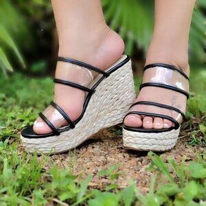 Women's Platform Espadrille Wedge Sandals Black Clear Slip On
